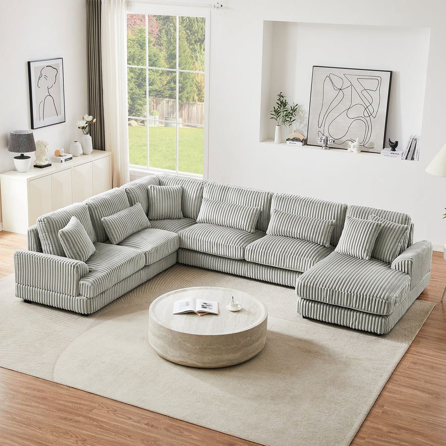 129' Oversized Sectional Sofa U-shaped Sofa Couch Modern Sofa Upholstered in Soft Corduroy with a Chaise Lounge for Living Room(Old SKU:N719S001690E), Grey - primary color shot