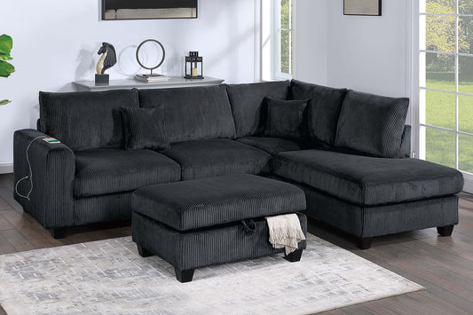 Modern Style 3pc Sectional Set USB Port Storage Ottoman Right Arm Chaise Left Arm Sofa Black Finish Primary Living Room - primary color shot
