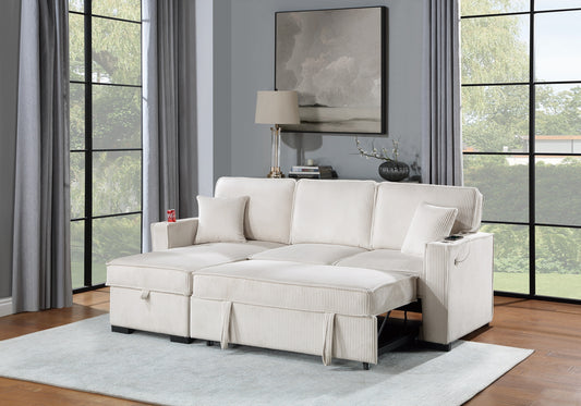 Convertible Sectional Beige Color Corduroy Reversible Chaise w Storage And Sofa Pull Out Bed Pillows Living Room 2pc Set - detail view 2