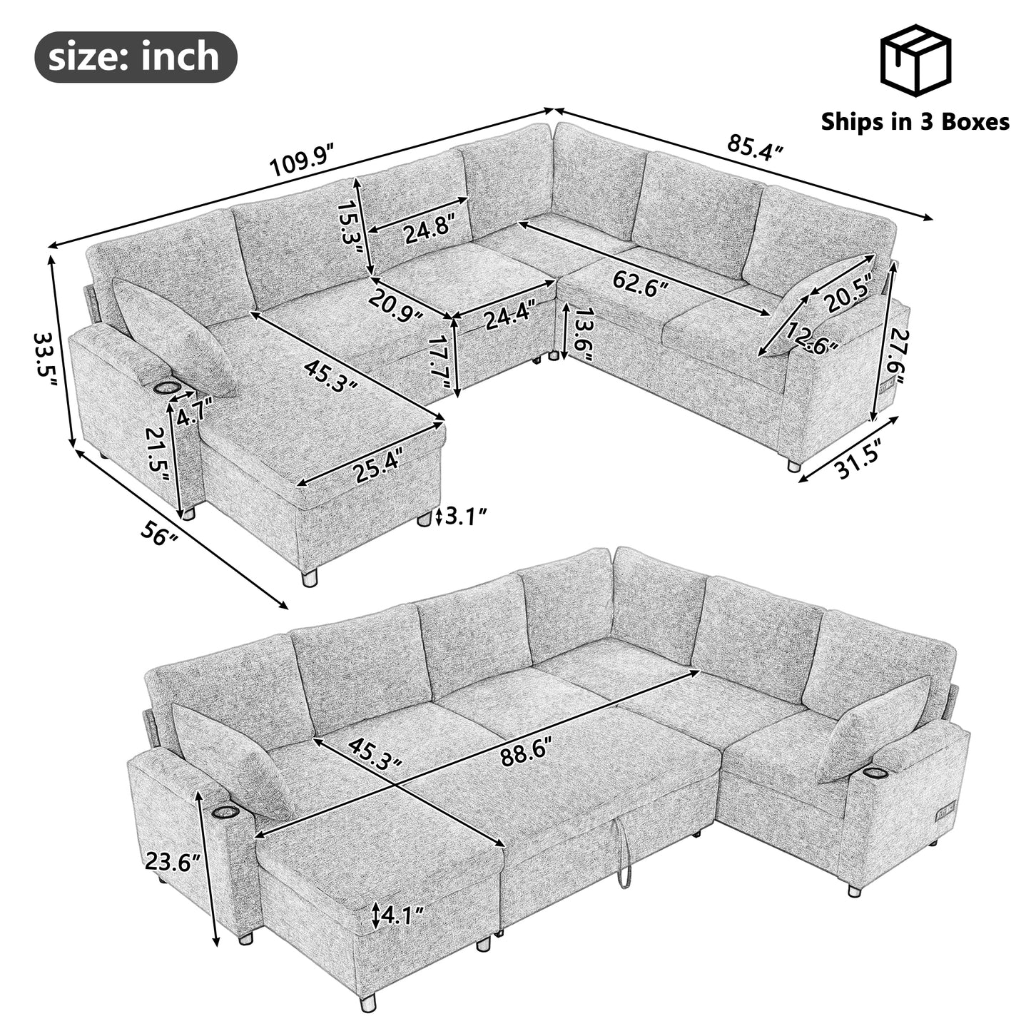 Versatile U-Shaped Sectional Bed with Storage - Grey - detail view 3
