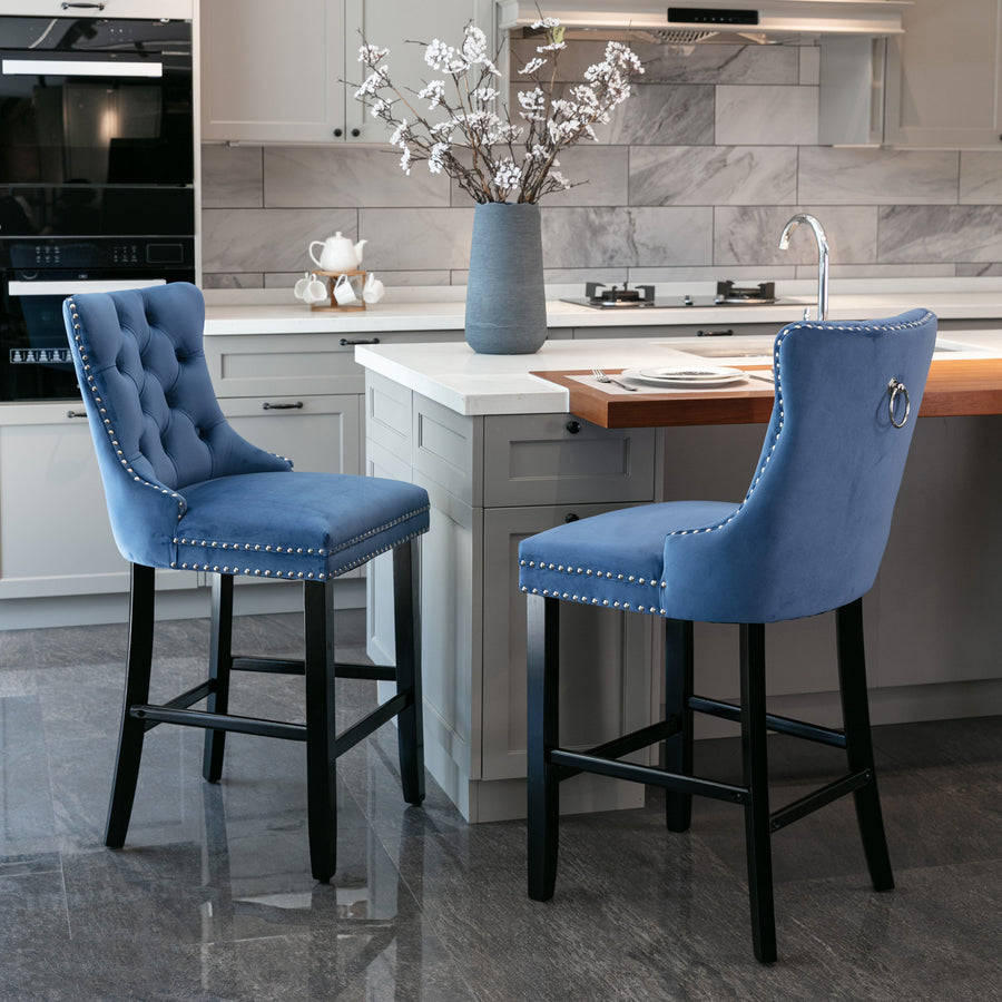 Blue Velvet Tufted Nailhead Trim Bar Stool with Silver Legs (Set of 2)