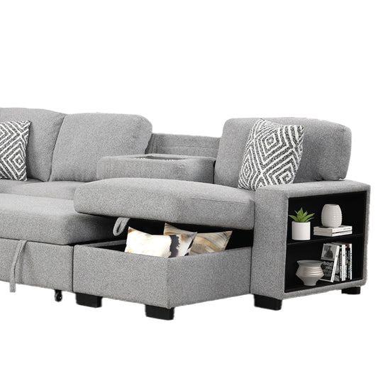 Cairo Modern Style Sectional with pullout sleeper, storage 2 Bookcase and USB made with wood and metal in Gray - primary image