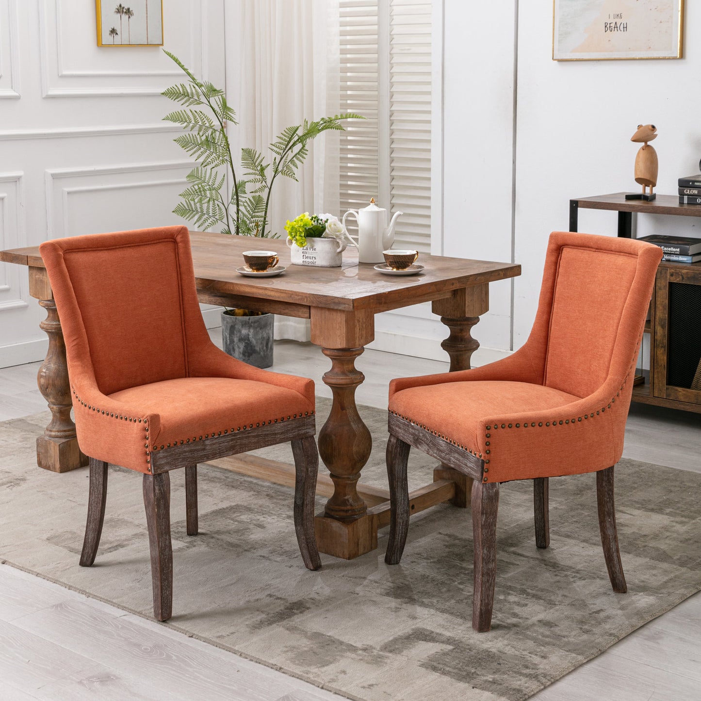 Orange Fabric Dining Chairs with Wood Legs (Set of 2)