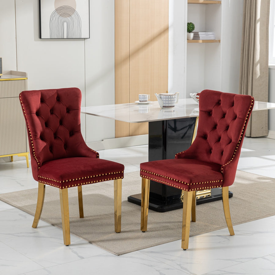 Burgundy Velvet Tufted Nailhead Trim Dining Chairs with Brushed Silver Legs (Set of 2)