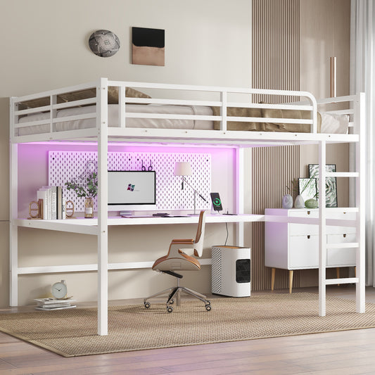 Metal Queen Size Loft Bed with Power Outlet and LED Lighted - Off White - detail view 2