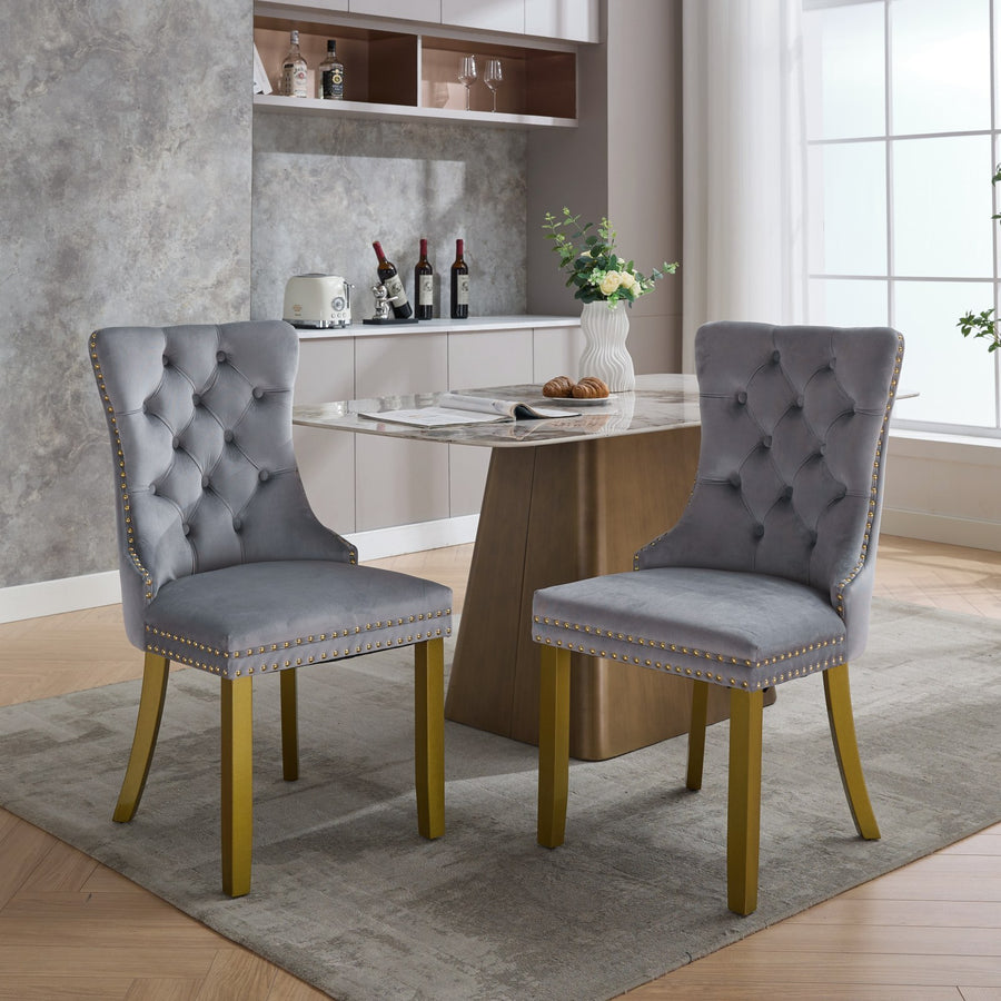 Light Gray Velvet Tufted Nailhead Trim Dining Chairs with Gold Legs (Set of 2)