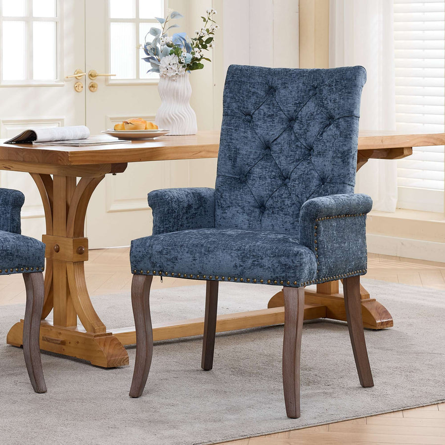 Blue Chenille Tufted Dining Chair with Wood Legs (1)
