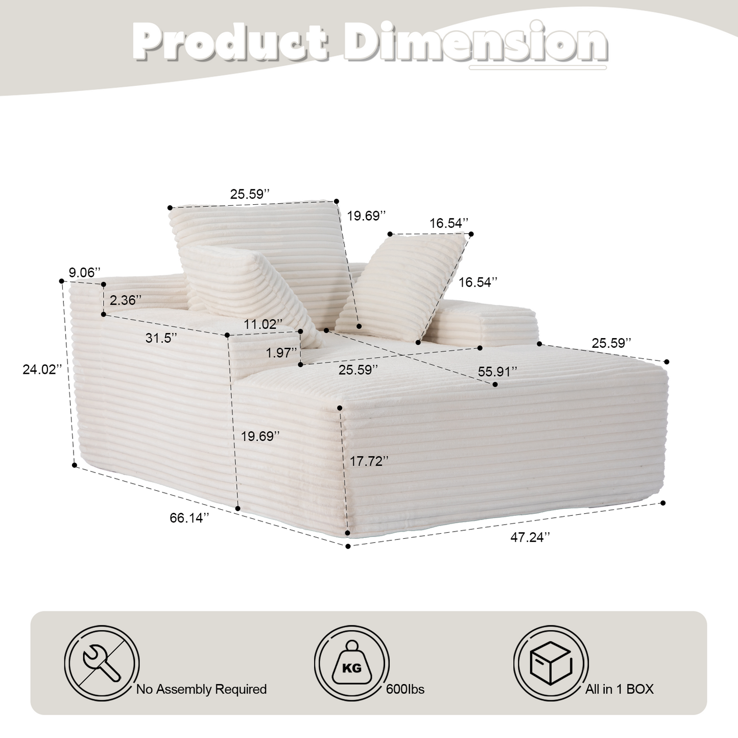 Oversized Chaise Lounge Chair Cozy Cloud Couch - White - detail view 3