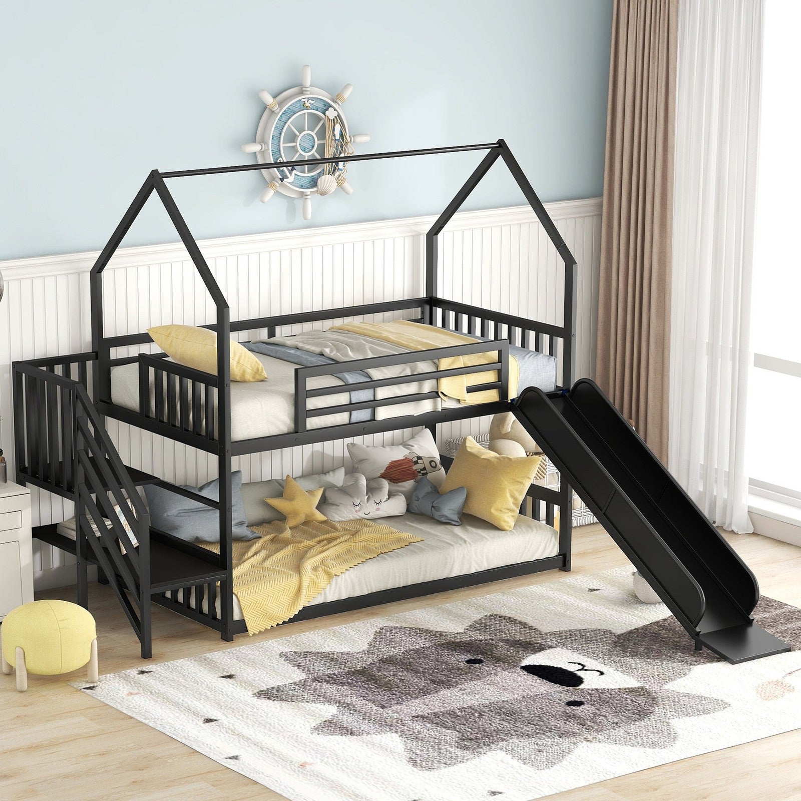 Daniel Twin over Twin Metal Bunk Bed House Bed with Slide and Staircase, Black