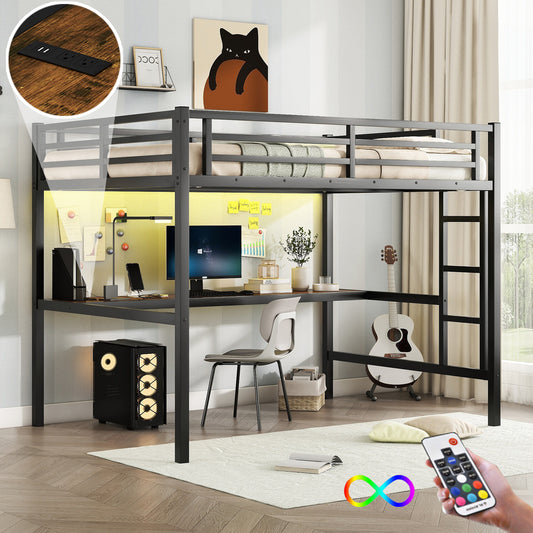 Metal Full Size Loft Bed with Power Outlet and LED Lighted - Black - primary color shot