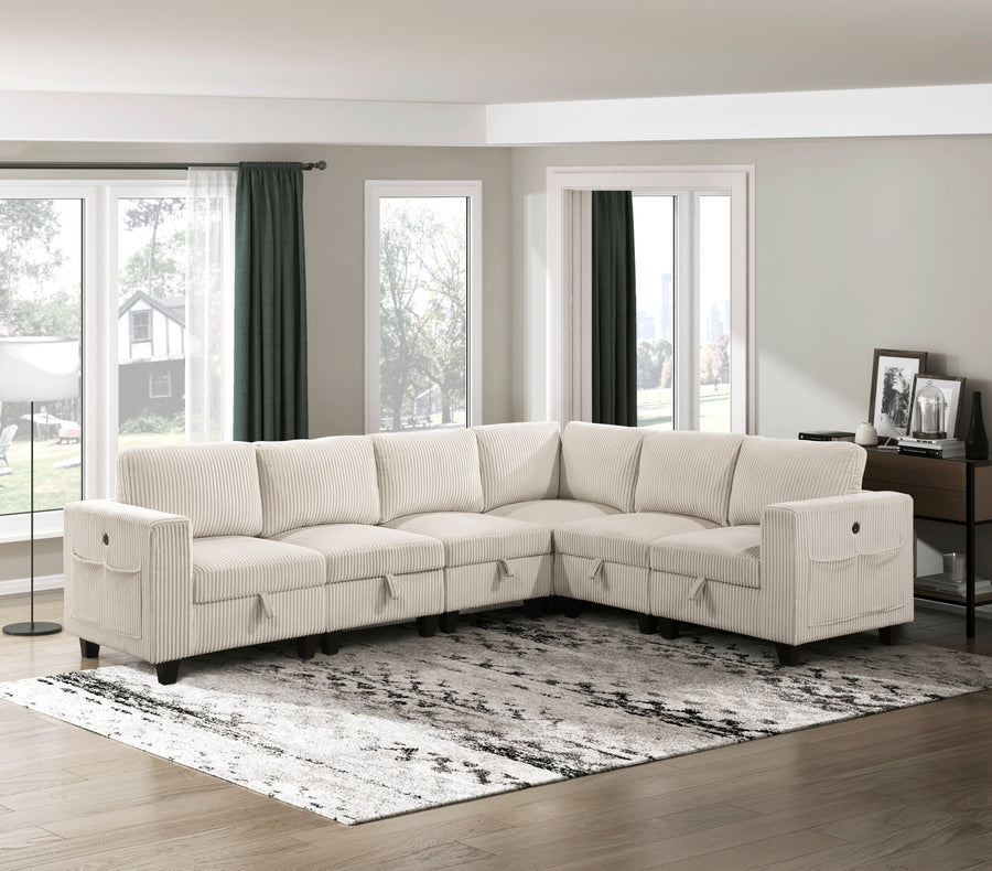 6-Piece Modular Sectional with Storage Seats, Side Pockets, Charging Ports Beige Corduroy Fabric Modern Living Room Sectional Couch Solid Wood Furniture - primary color shot