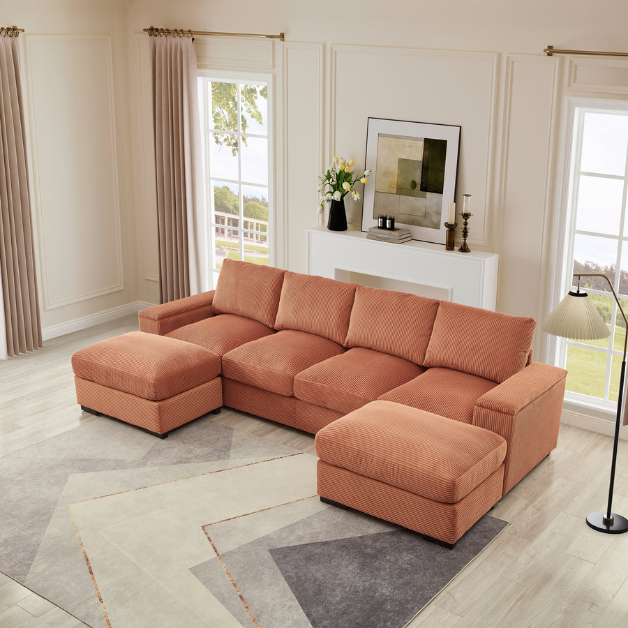 122'L Sectional Sofa Deep Seat Sofa Couch with Ottomans, Corduroy Sofa Sleeper for Living Room Modern, Small Space, Easy Assembly(4-Seat & 2-Ottoman,Orange) - primary color shot