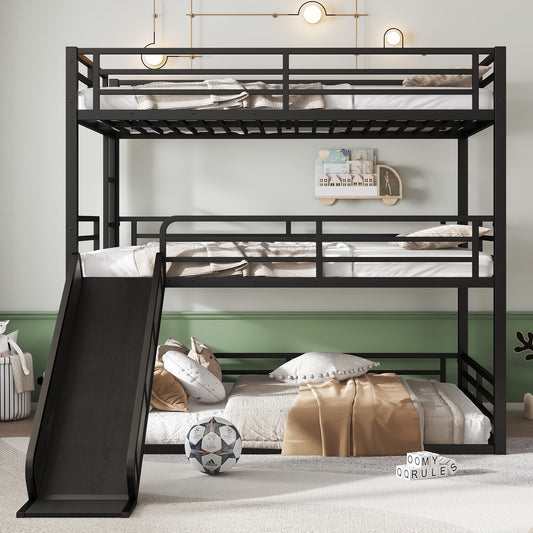 Queen over Queen over Queen Bunk Bed with Slide - Black - primary color shot