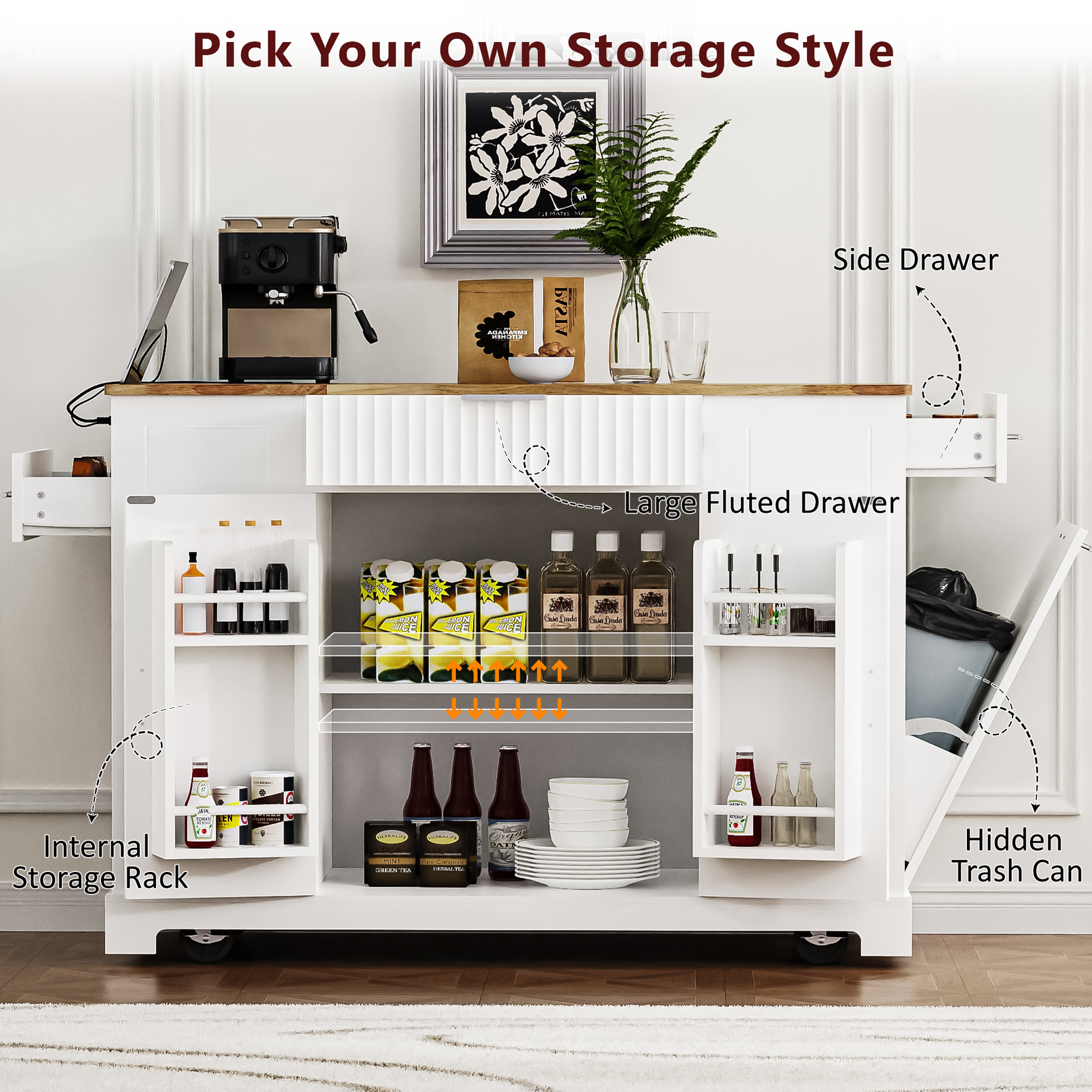 K&k Fluted Kitchen Island with Trash Can Storage Cabinet - White - detail view 6