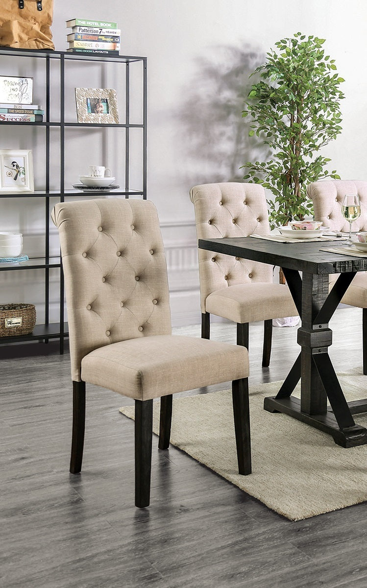 Madeline Button Tufted Linen Side Chairs with Black Legs, Ivory