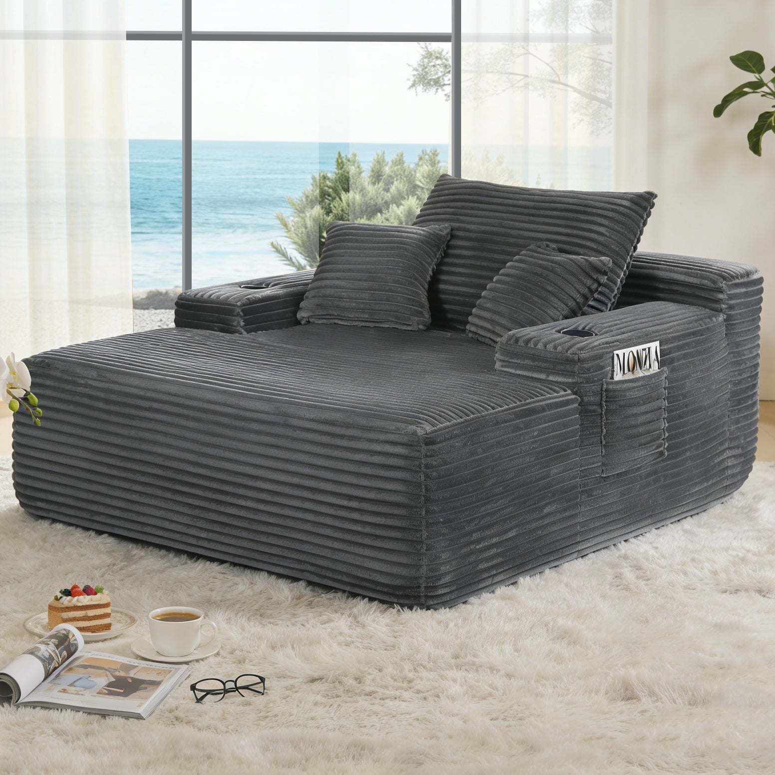 NEW Convertible Chaise Lounge Chair Plush with Wide Armrest & Throw Pillows - Grey - primary color shot