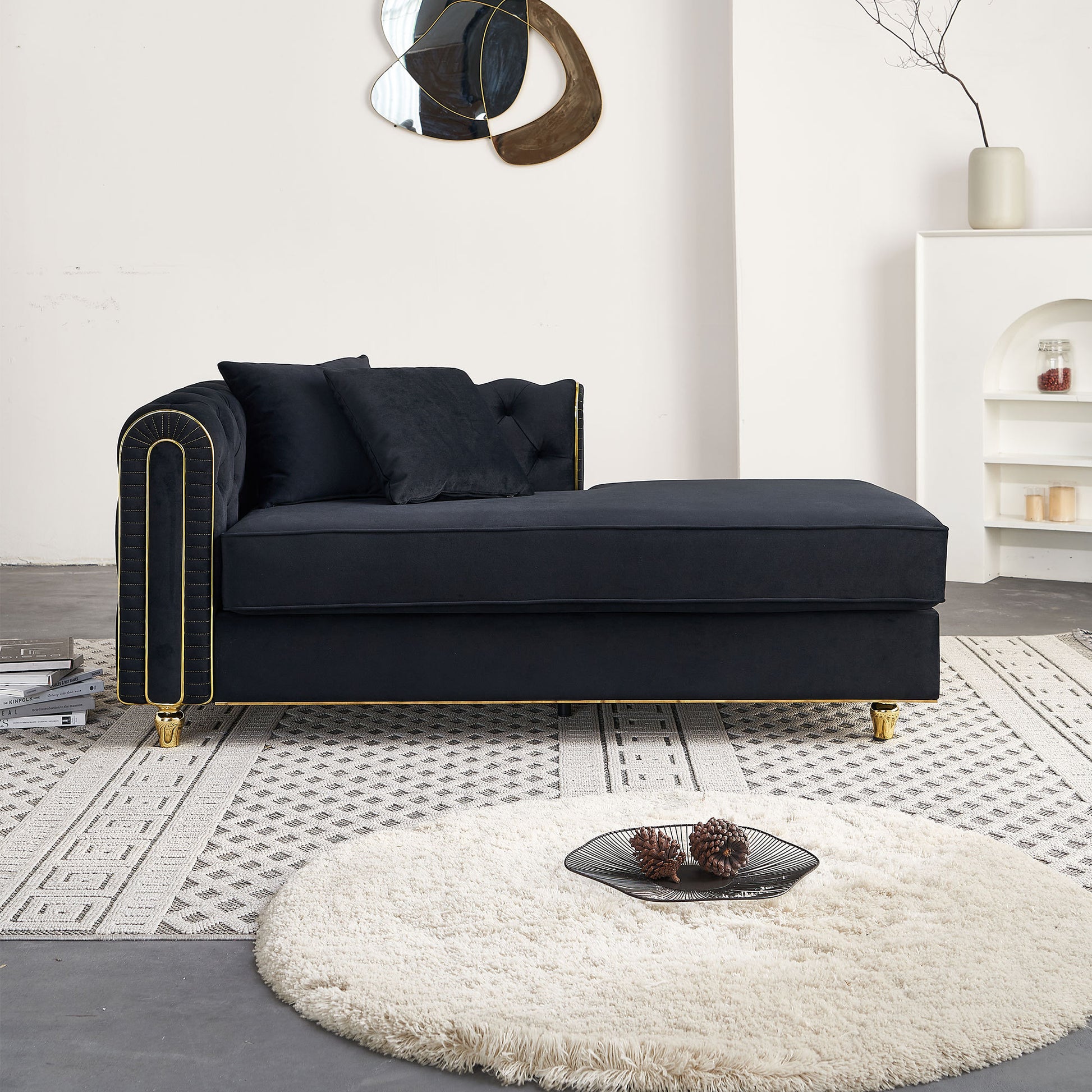 67" W Velvet Chaise Lounge - Black - detail view 2
