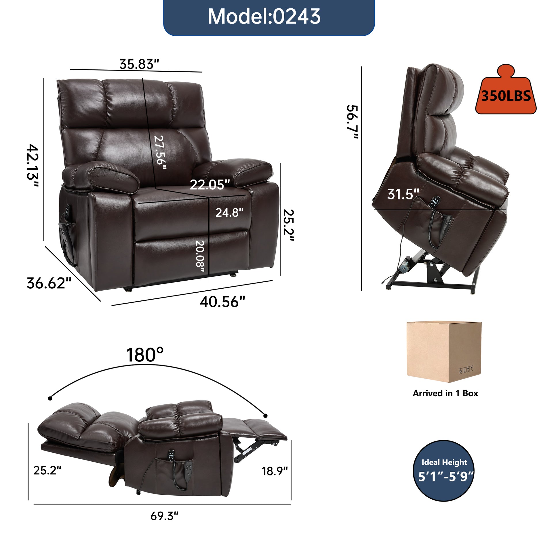 Brown Leatheraire Heat Massage Dual Motor Infinite Position Up to 350 LBS Large Electric Power Lift Recliners with Hidden Cup Holders - detail view 2