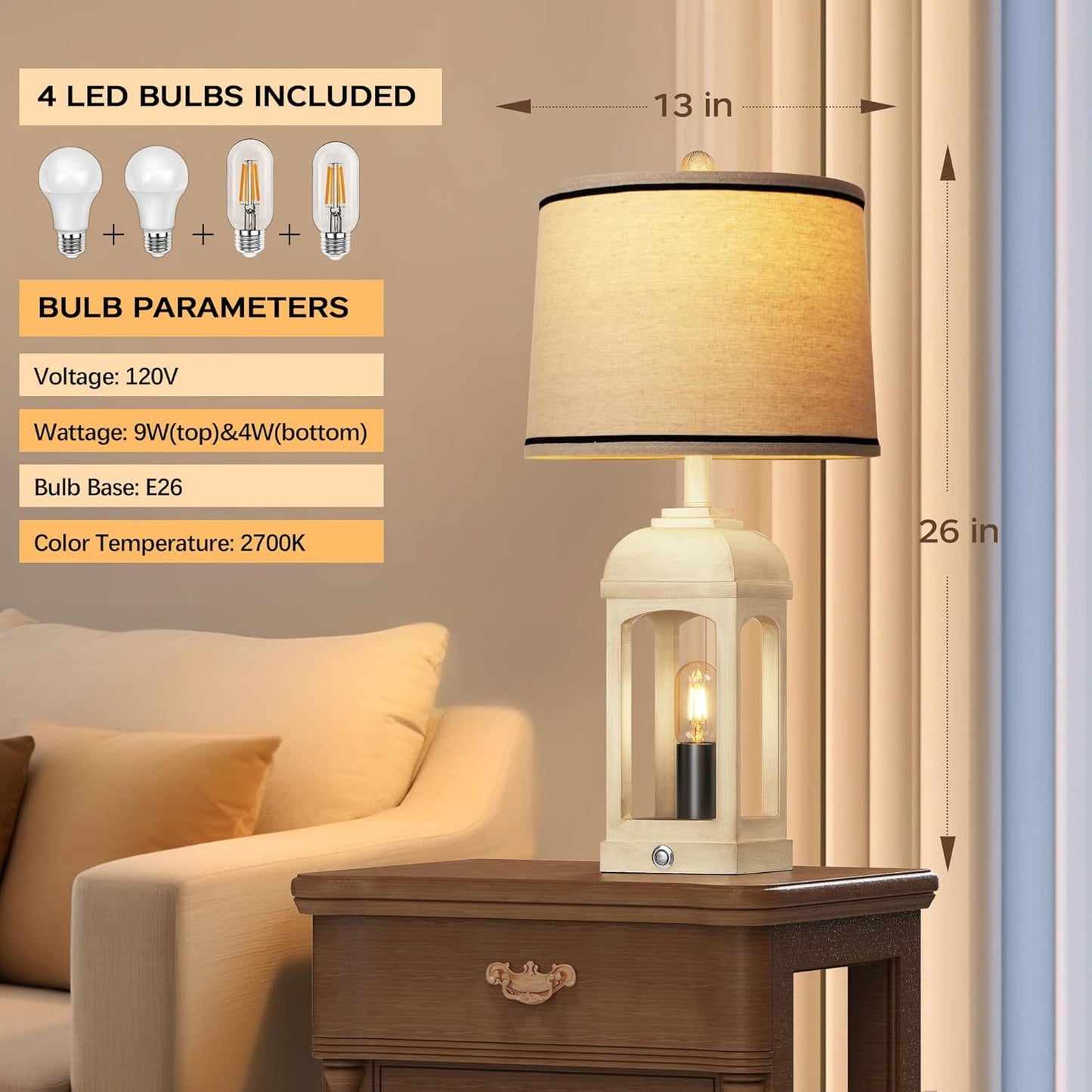 Set of 2 Beige Farmhouse Table Lamps with 3-Way Dim