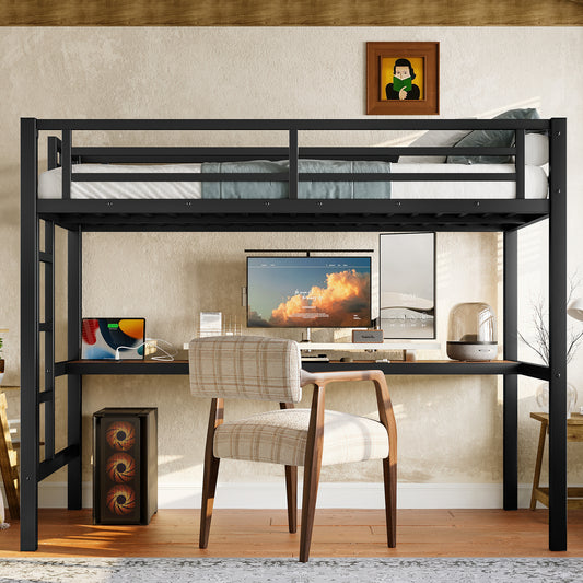 Metal Twin Size Loft Bed with Power Outlet and LED Lighted - Black - primary color shot