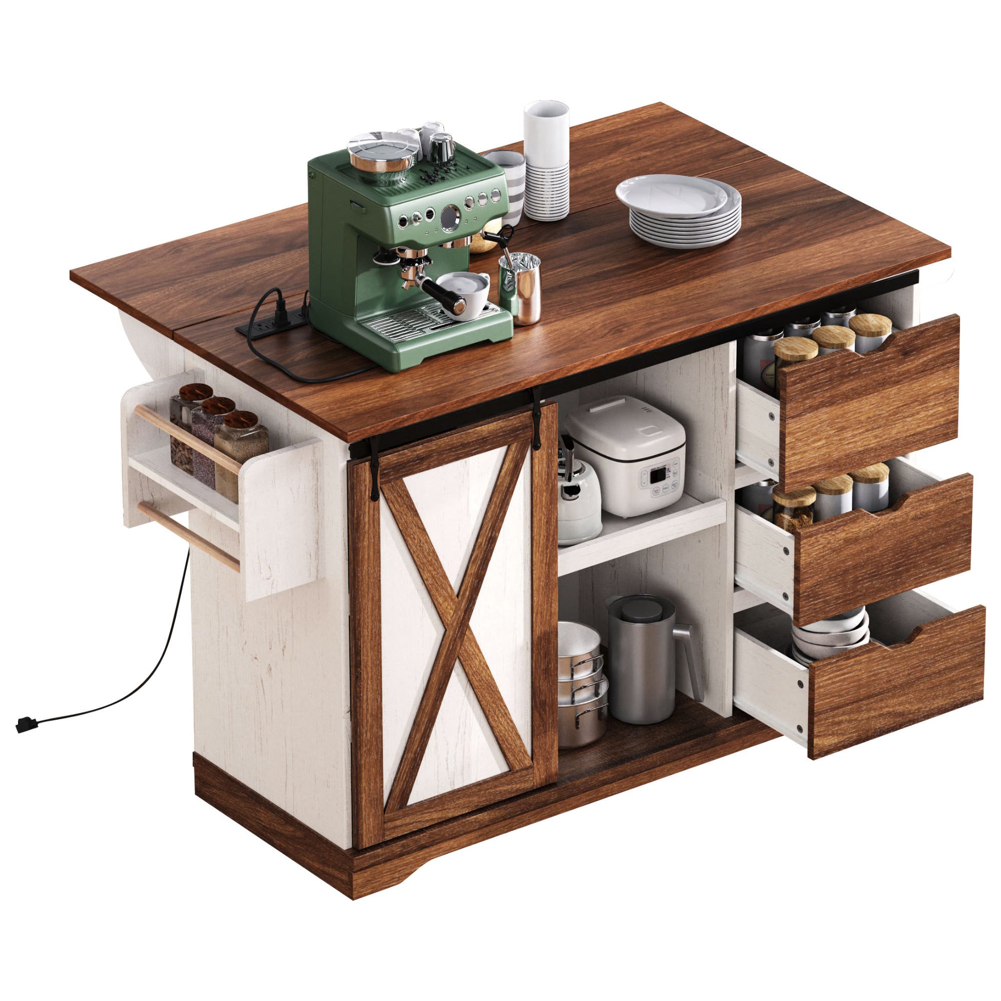 K&k 55.5' Farmhouse Kitchen Island with Drop Leaf - White - detail view 8