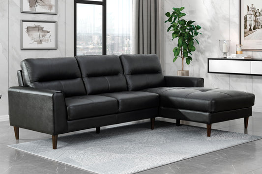 Modern Living Room 2-Piece Sectional Sofa Chaise Black Top Grain Leather Upholstered Solid Wood Furniture - detail view 2