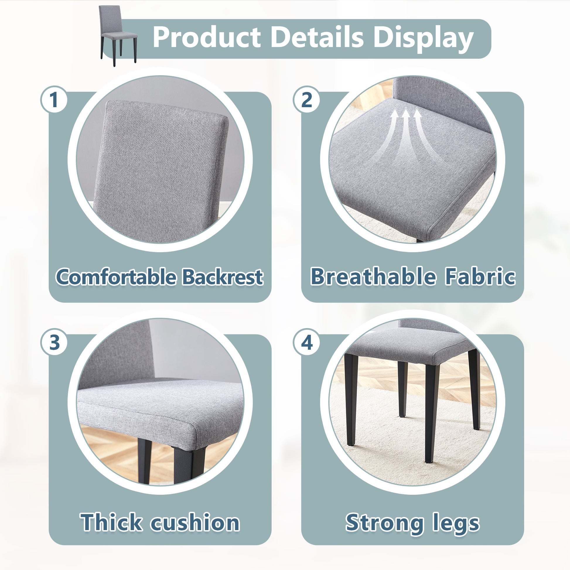 Gray Linen Dining Chairs with Black Legs (set of 2) - detail view 7