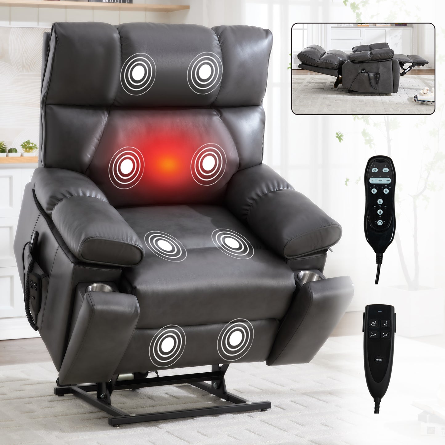 Dark Grey Leatheraire Heat Massage Dual Motor Infinite Position Up to 350 LBS Large Electric Power Lift Recliners with Hidden Cup Holders - primary color shot