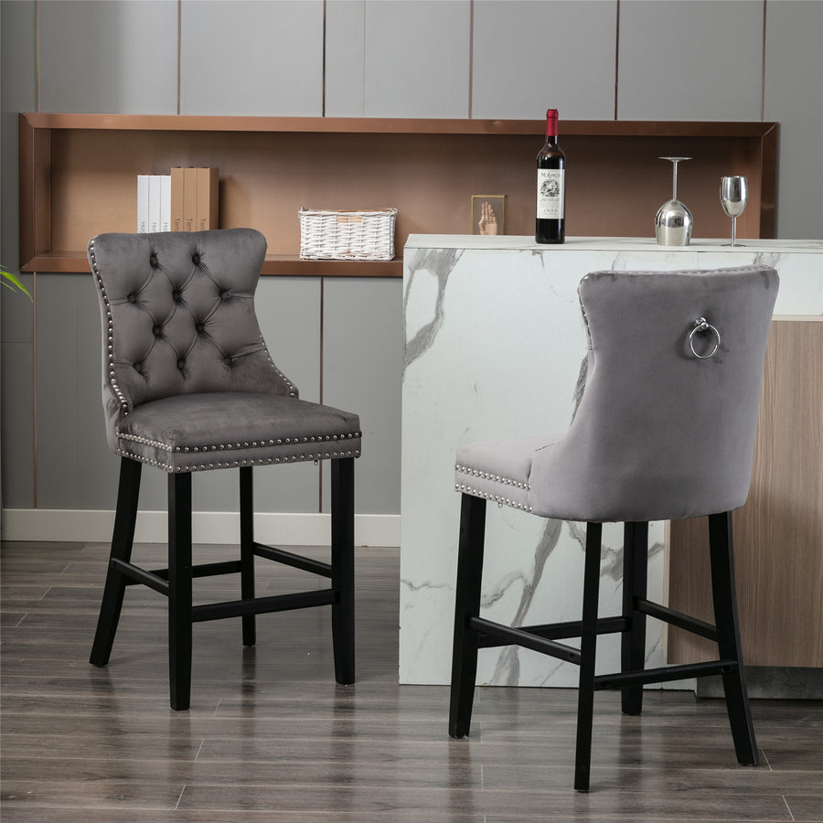 Gray Velvet Tufted Nailhead Trim Bar Stool with Silver Legs (Set of 2)