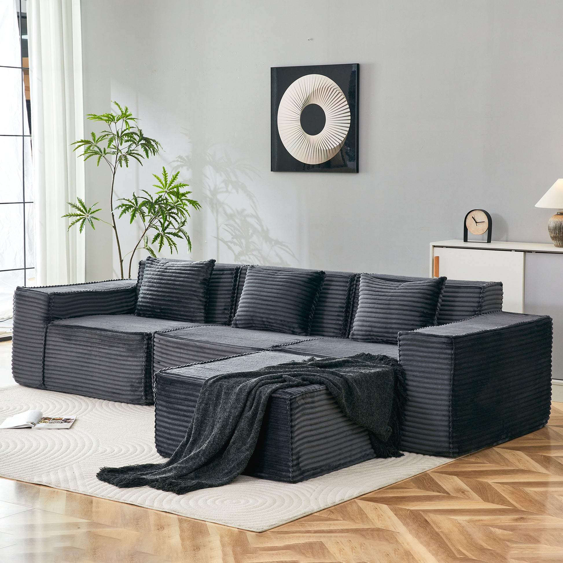 L-Shaped Modular Sectional Sofa, 3-Seater with Ottoman, Striped Corduroy Fabric, High-Density Foam For Home, Apartment, Office (Dark Gray) - detail view 6