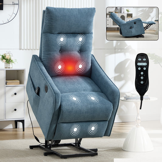Blue Chenille Single Motor Power Lift Recliner Chair with Massage and Heat for Elderly - primary color shot