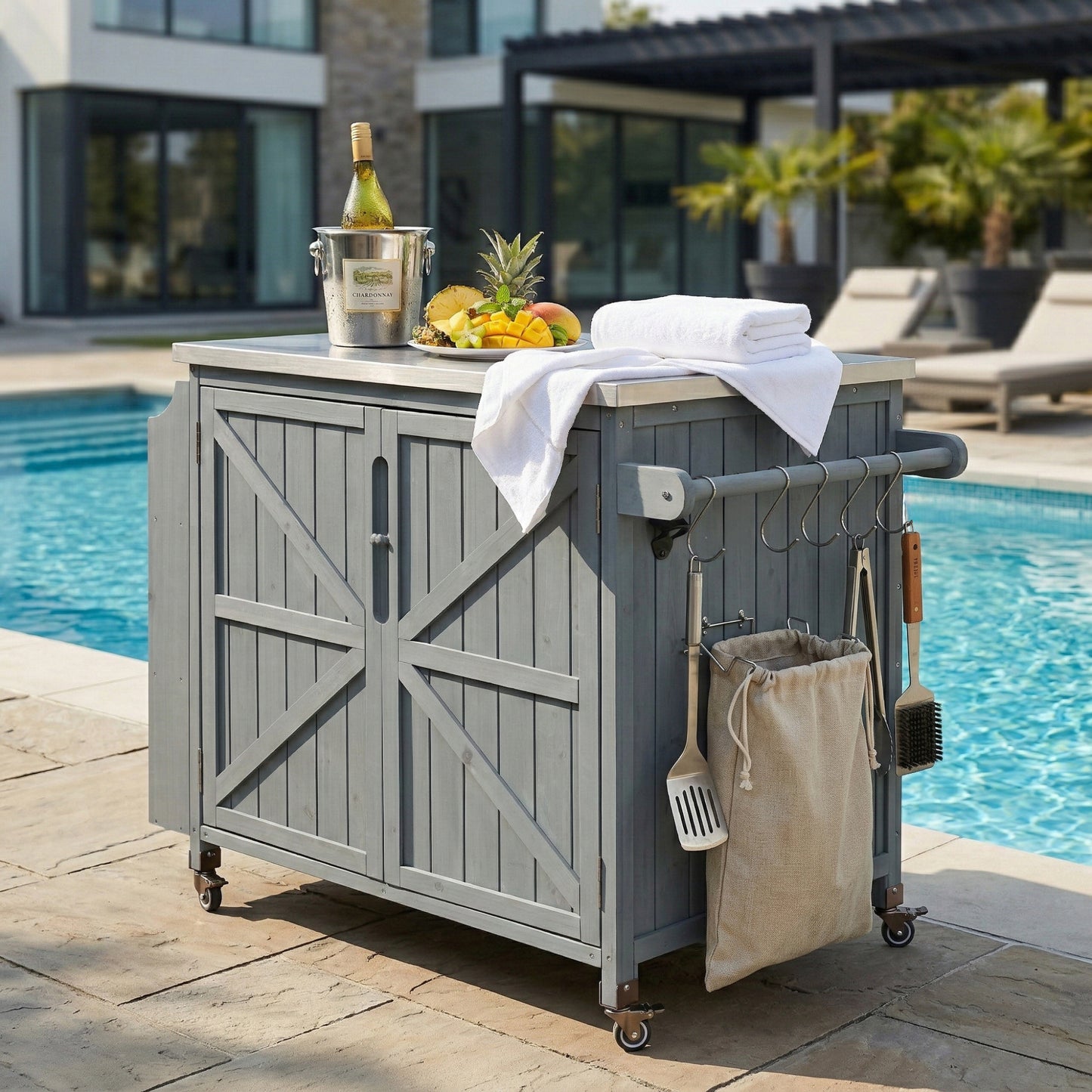 K&k 42.1' Outdoor Kitchen Island with Side Shelf - Grey & Blue - detail view 3