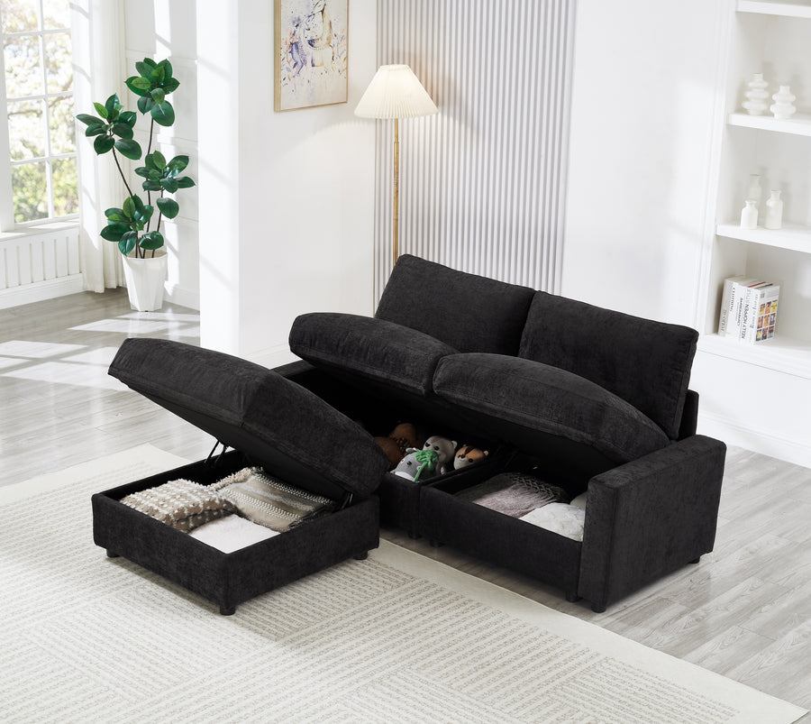72.05' L Modular Sectional Sofa,3 Storages L-Shaped polyester Fabric Sectional Couches for Living Room,2-Seater Cloud Couches with Ottoman,Modern, Small Space, Easy Assembly(Black) - primary color shot