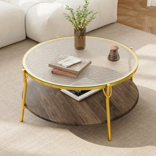 Modern Round Walnut 2-Tiered Coffee Table with Glass Top and Gold Base for Living Room, 29.9'
