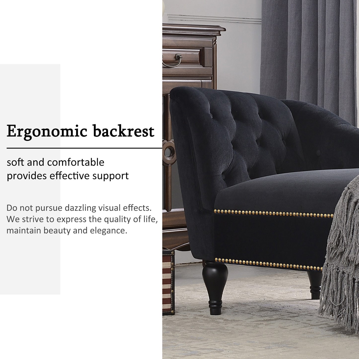 [new+video] 58"velvet Chaise Lounge - Black - detail view 8