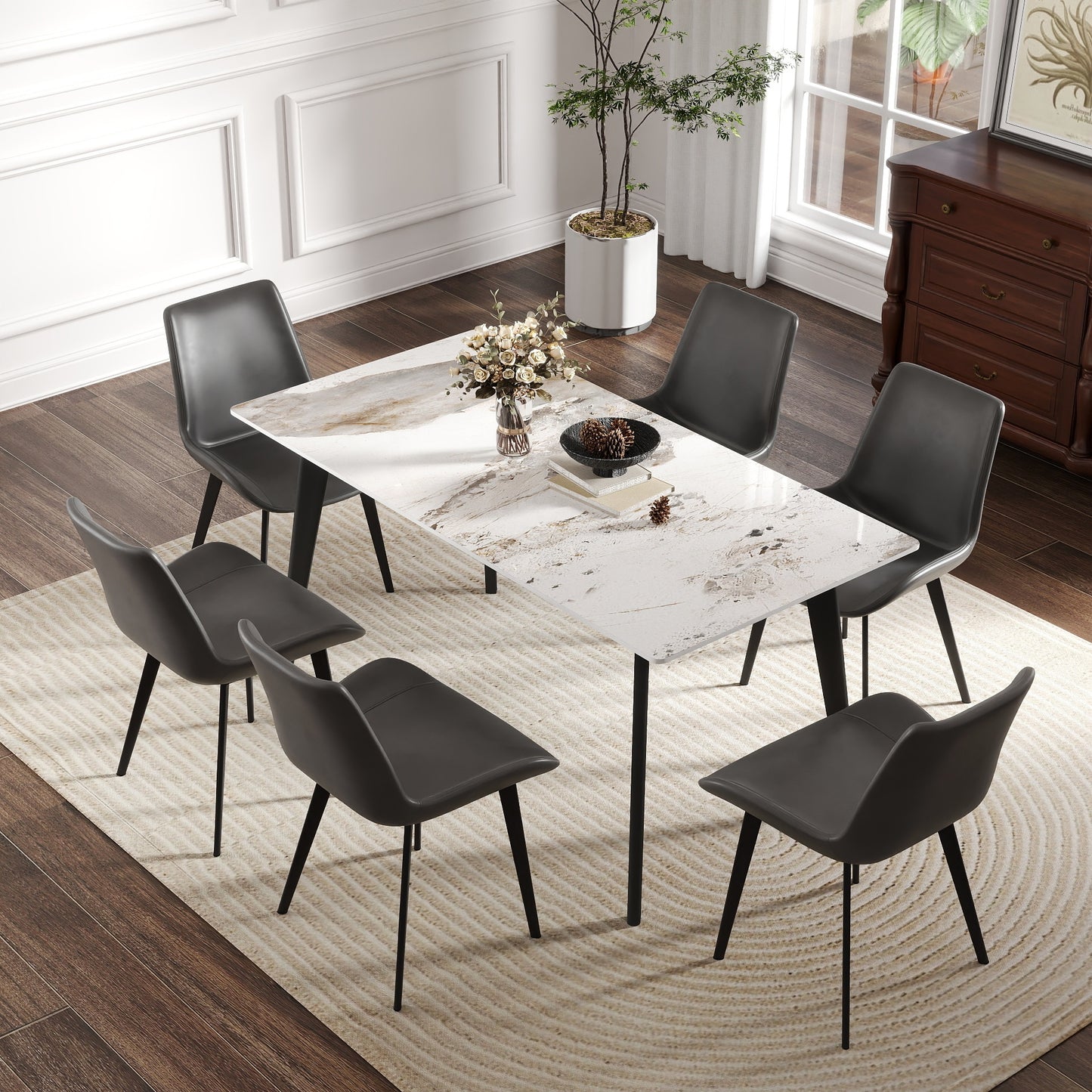 62" Modern Artificial Stone White Pandora Straight Edge Black Metal Leg Dining Table-Can Accommodate 6 People(dining Table Only) - primary color shot