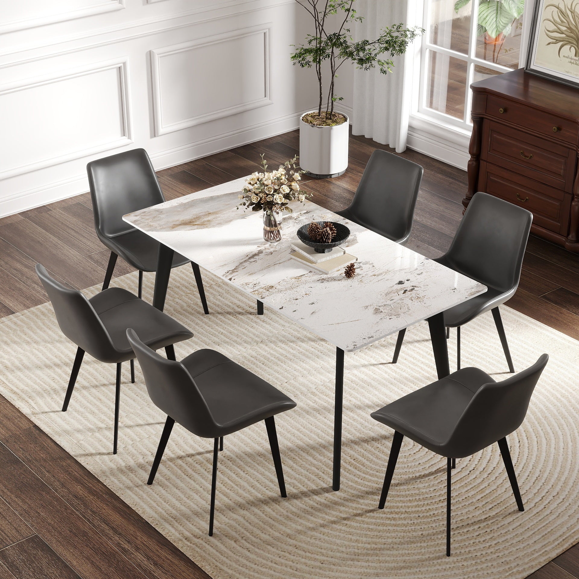 62" Modern Artificial Stone White Pandora Straight Edge Black Metal Leg Dining Table-Can Accommodate 6 People(dining Table Only) - primary color shot