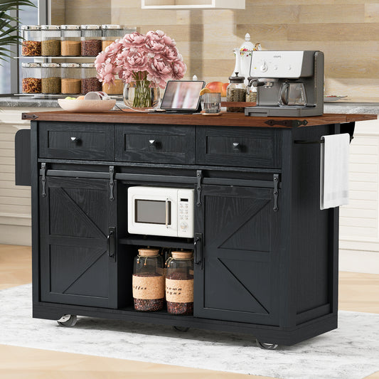 K&k 53.7' Farmhouse Kitchen Island with Power Outlet - Black - primary color shot
