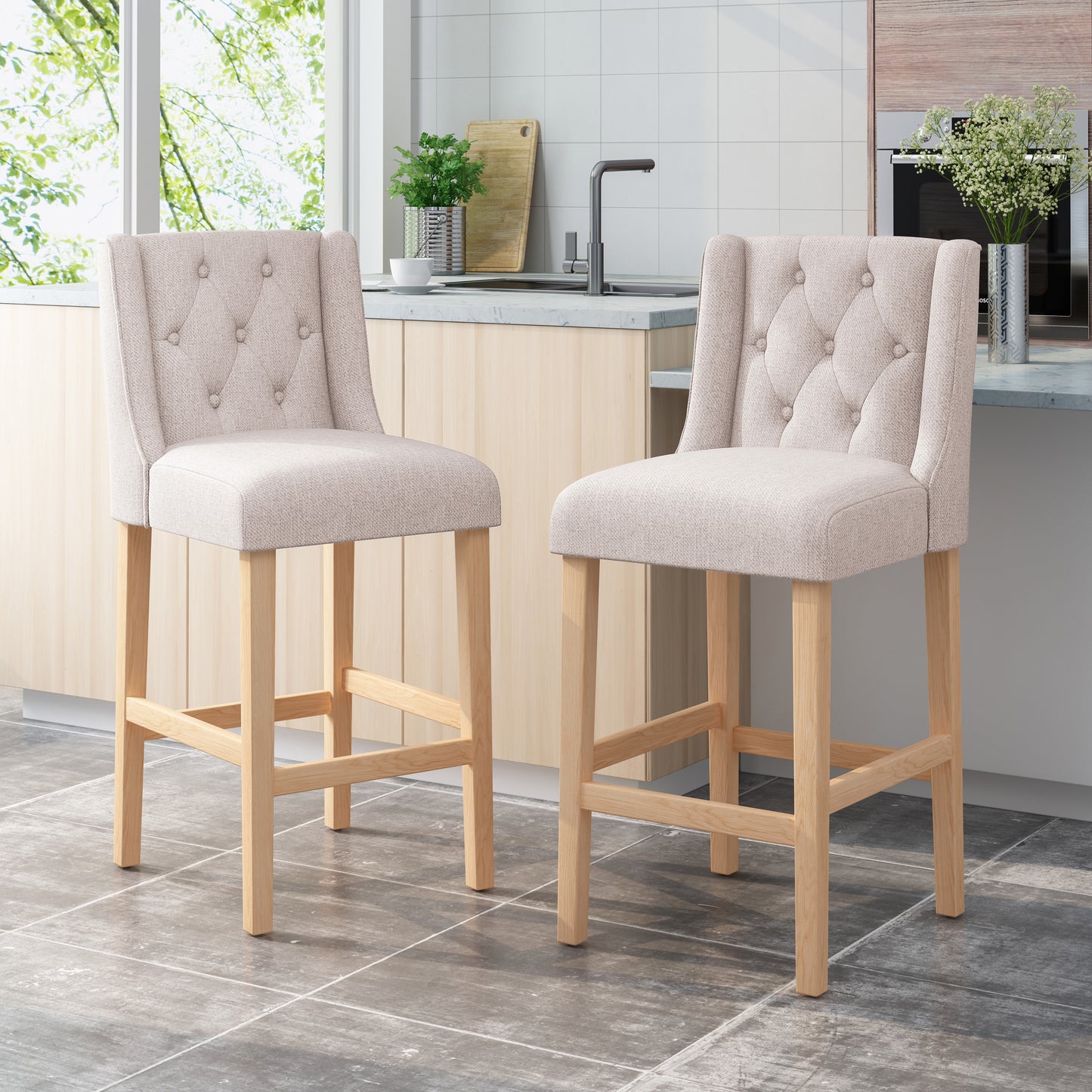 Vienna Contemporary Fabric Tufted Wingback 31 Inch Bar Stools, Set of 2, Beige and Natural