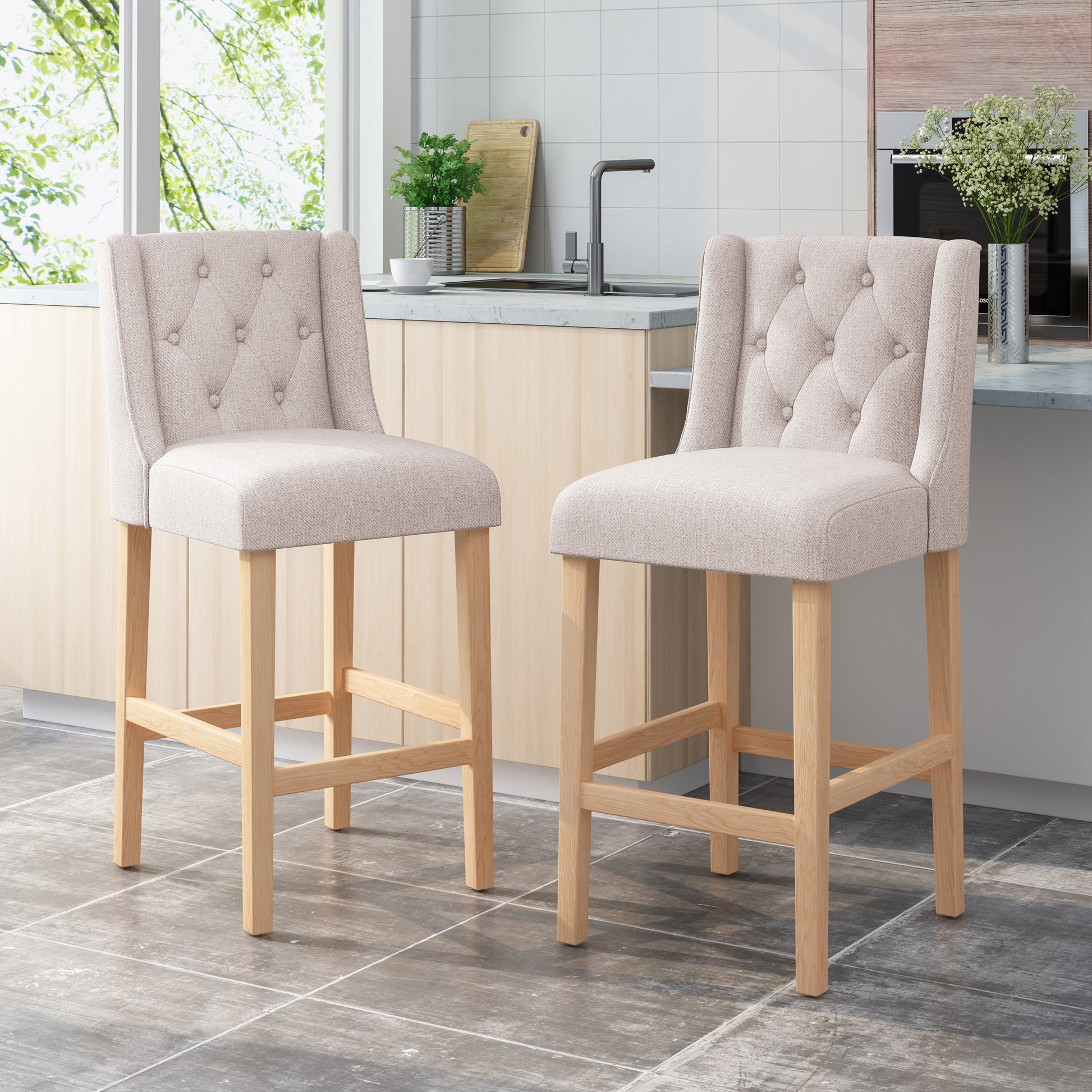 Vienna Contemporary Fabric Tufted Wingback 31 Inch Bar Stools, Set of 2, Beige and Natural