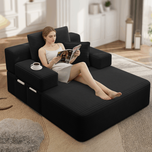 Luxurious Plush Corduroy Chaise Lounge with 3 Pillows - Black - detail view 3