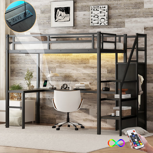 Twin XL Size Loft Bed with L-Shaped Desk and USB - Black - primary color shot