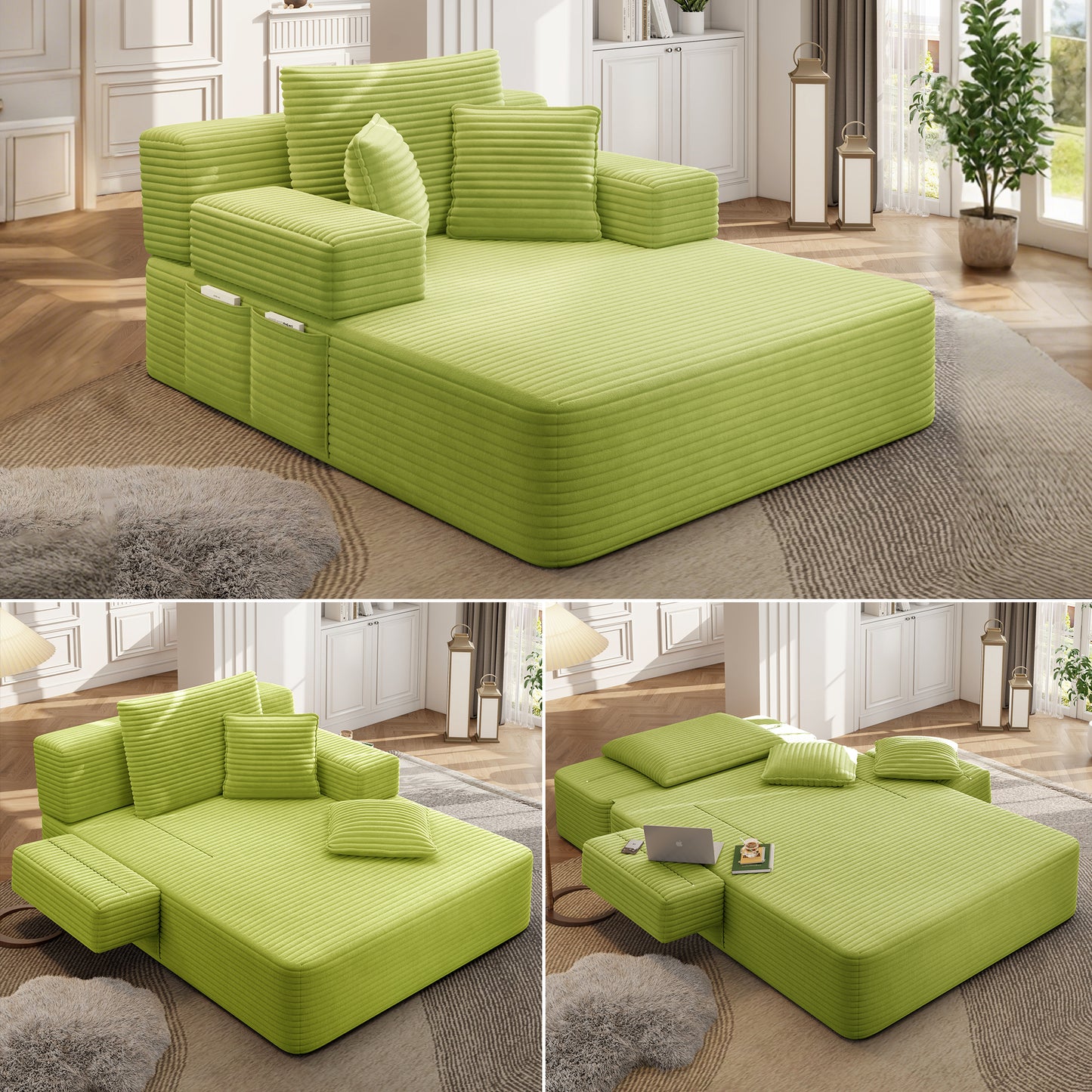 Luxurious Plush Corduroy Chaise Lounge with 3 Pillows - Green - primary color shot