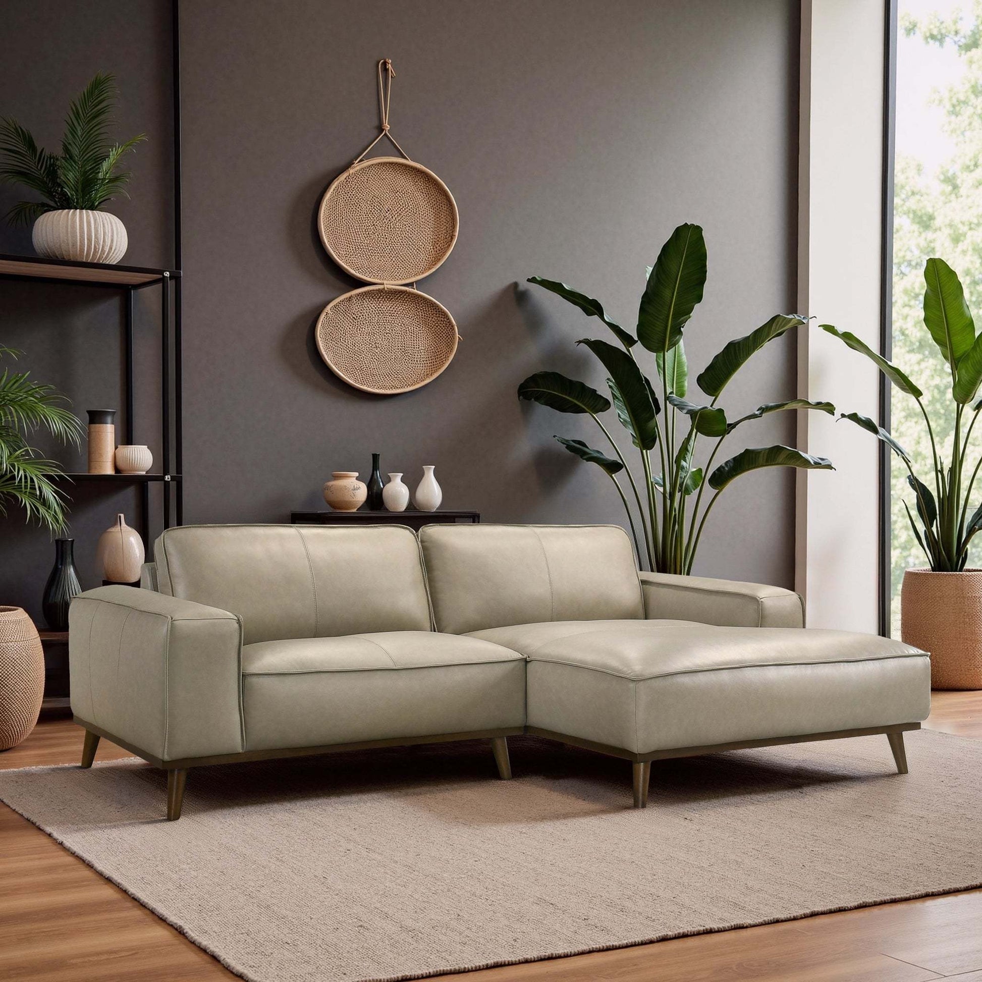 Kerrville Beige Leather Right Sectional Sofa with Chaise - Mid-Century Modern Style, Genuine Top Grain Leather, Walnut-Finished Wood Legs - detail view 6
