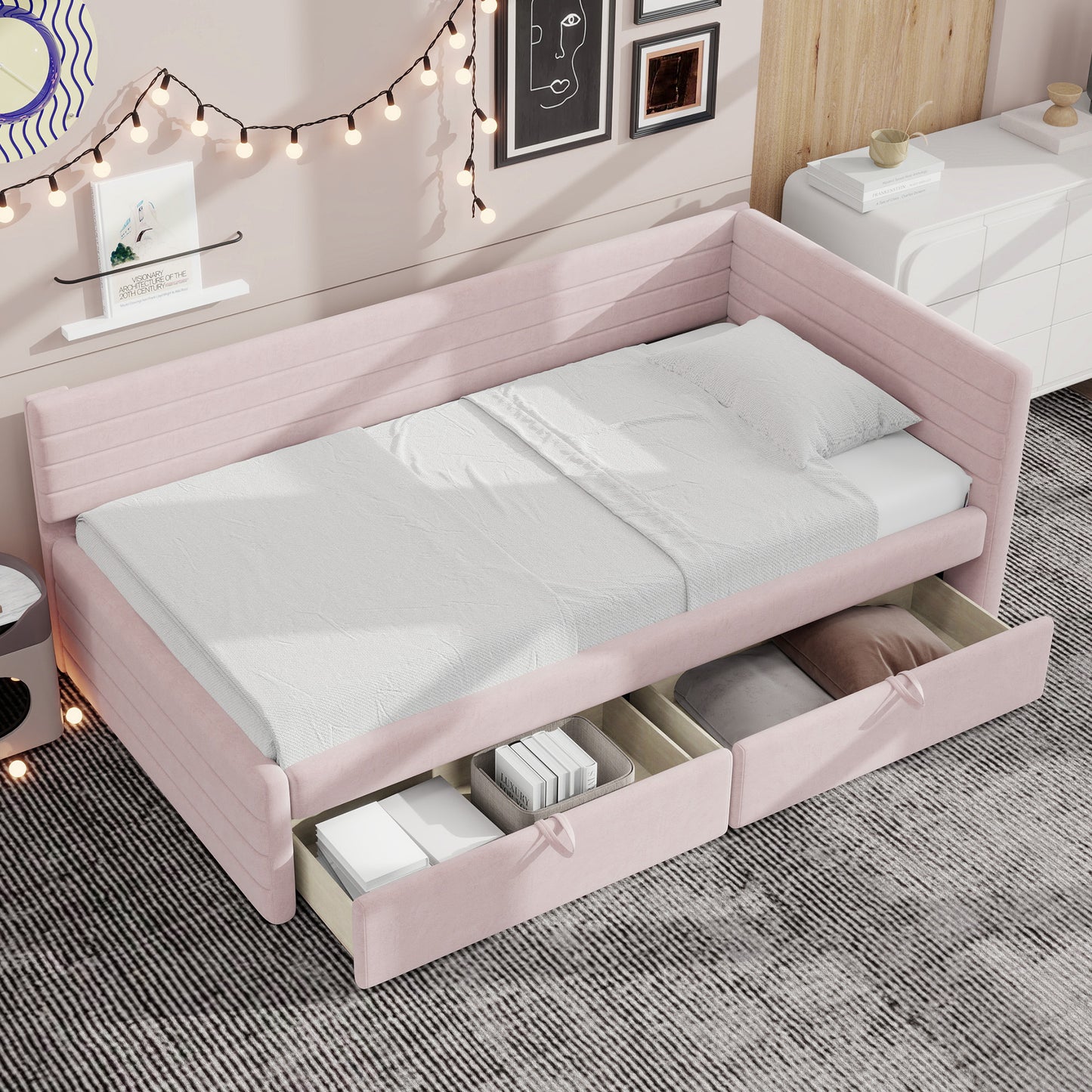 Aya Twin Size Upholstered Daybed with 2 Drawers, Pink