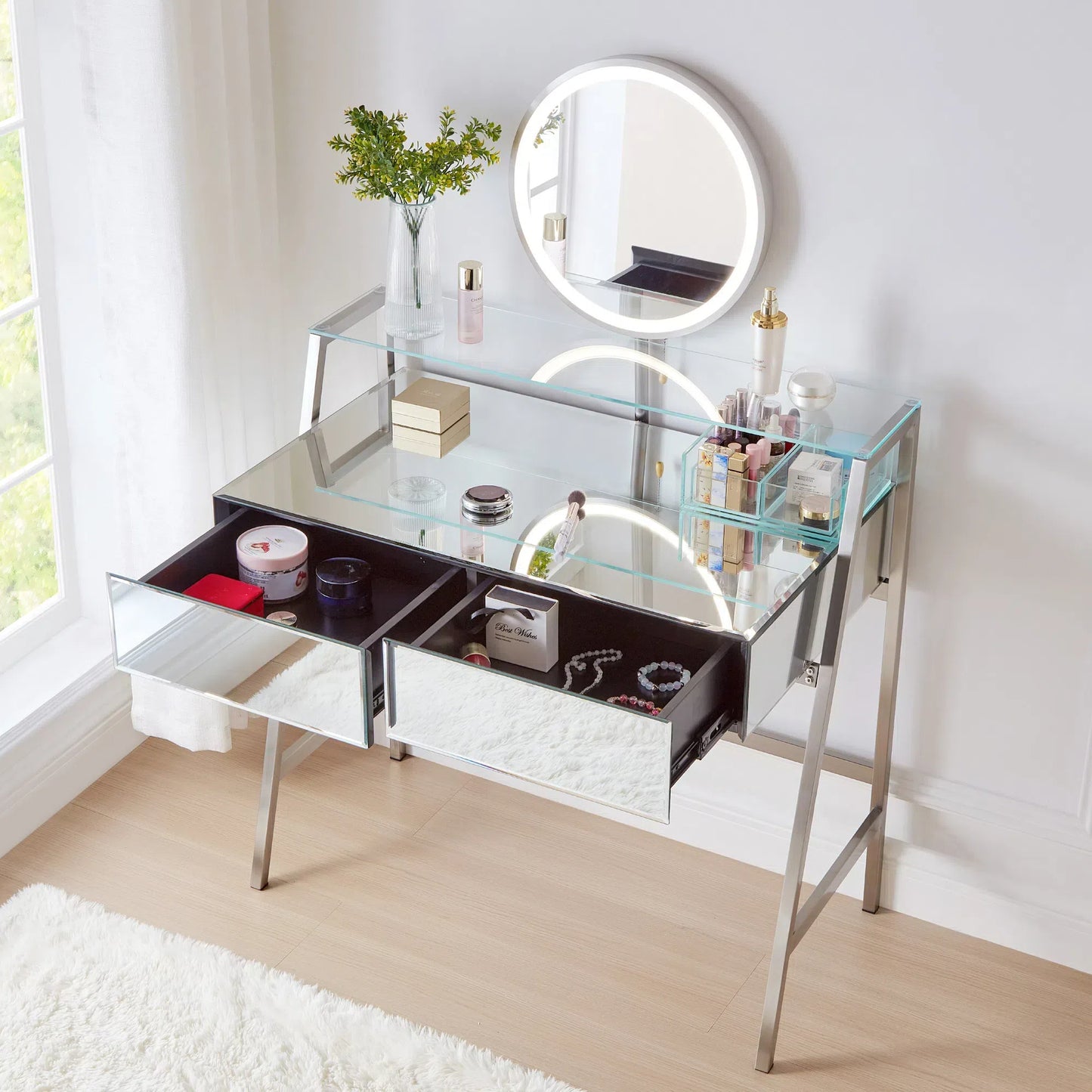 Bastion 33.9' Mirrored Makeup Vanity Desk with Mirror and Lights