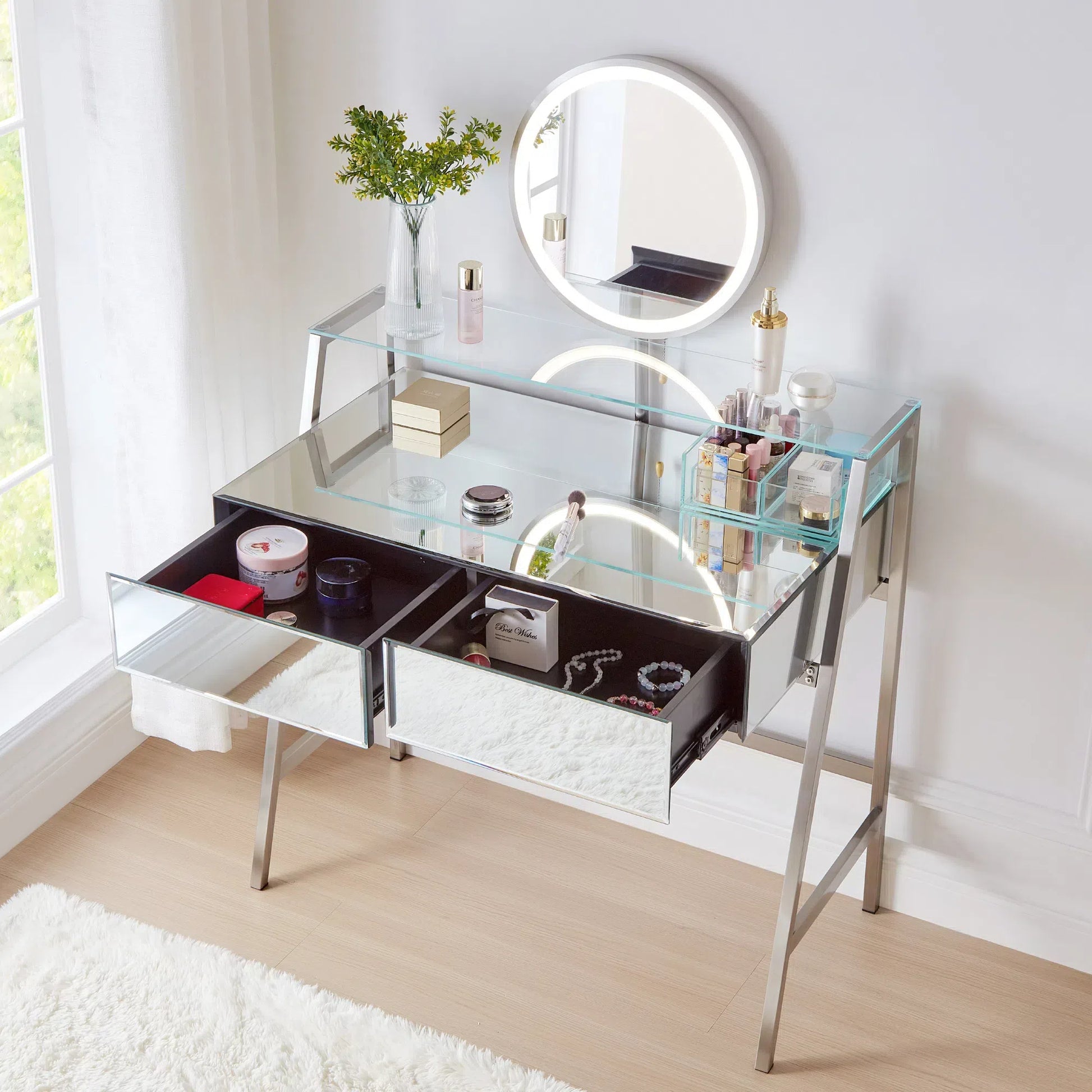 Bastion 33.9' Mirrored Makeup Vanity Desk with Mirror and Lights