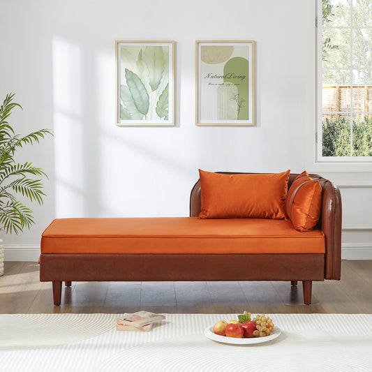 65" Storage Chaise Lounge Sofa Brown PU & Orange Velvet - detail view 2