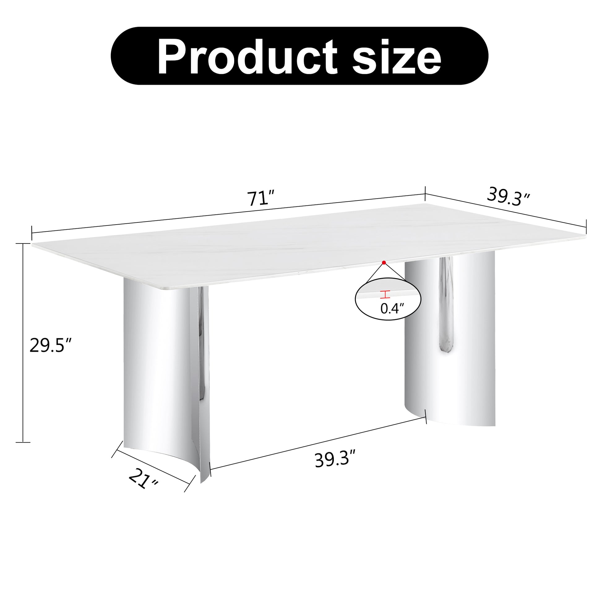 Modern Minimalist Dining Table with White Imitation Marble Glass Surface & Silver Metal Legs - detail view 3