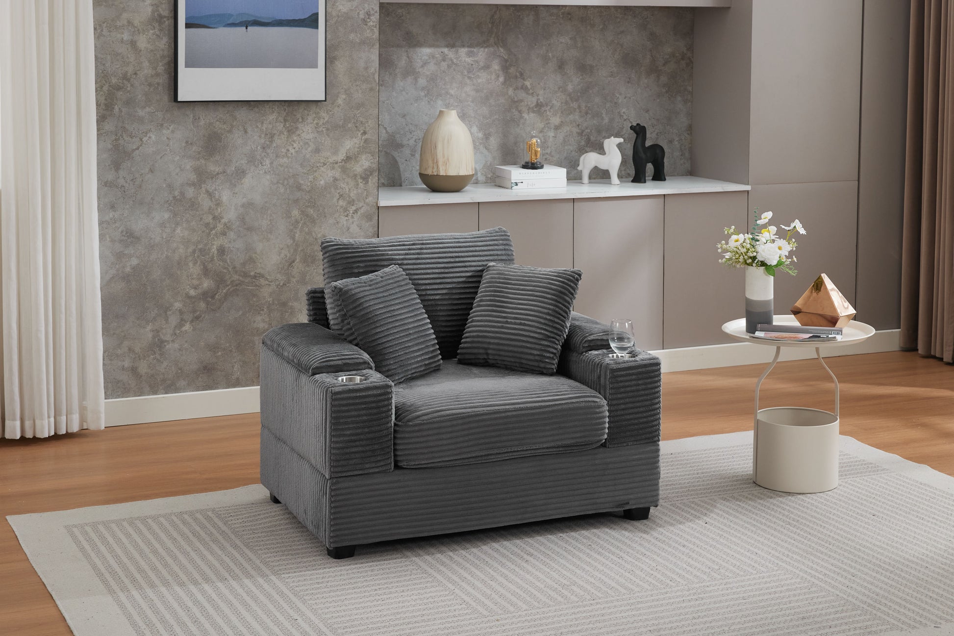 [video/new]corduroy Upholstered Chaise Lounge Sofa with Handrail Storage - Grey - detail view 3